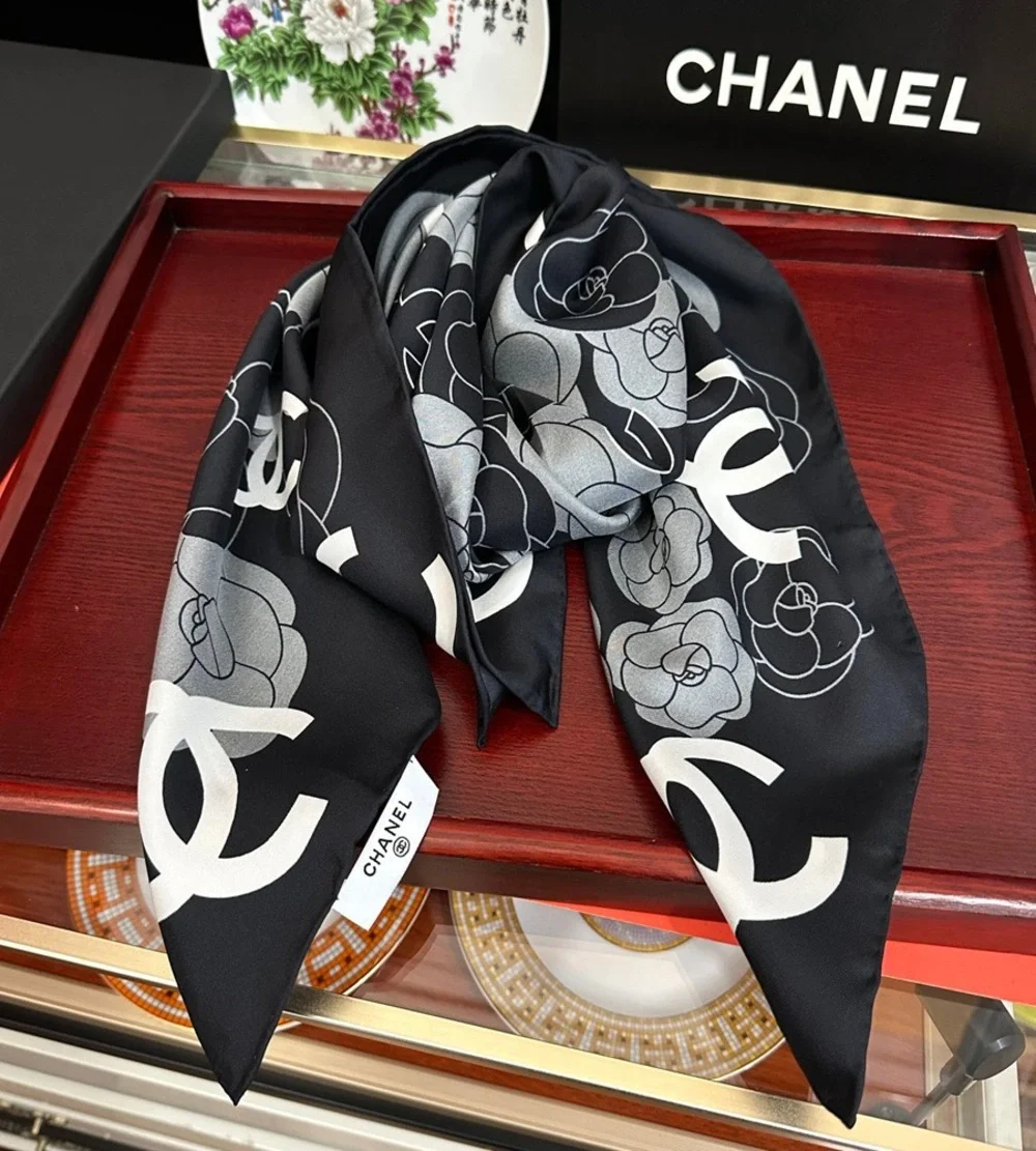 Chanel Camellia & CC Logo Silk Scarf (Black & Gray)